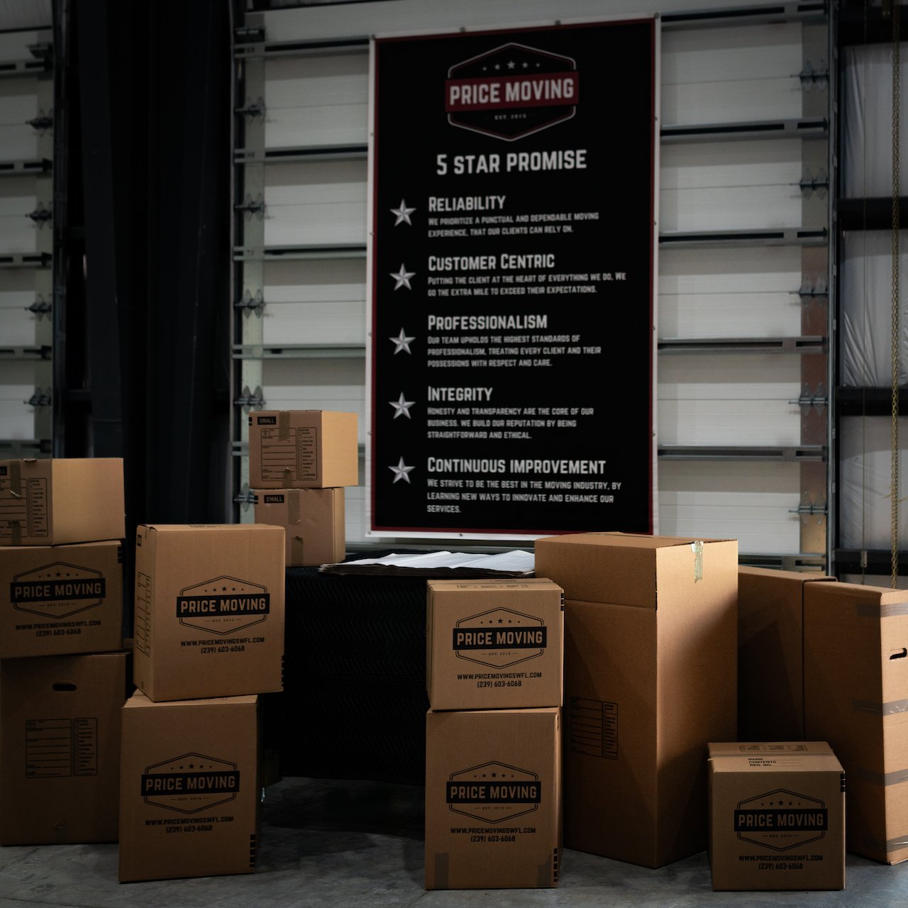 Cardboard boxes labeled Price Moving ready to use